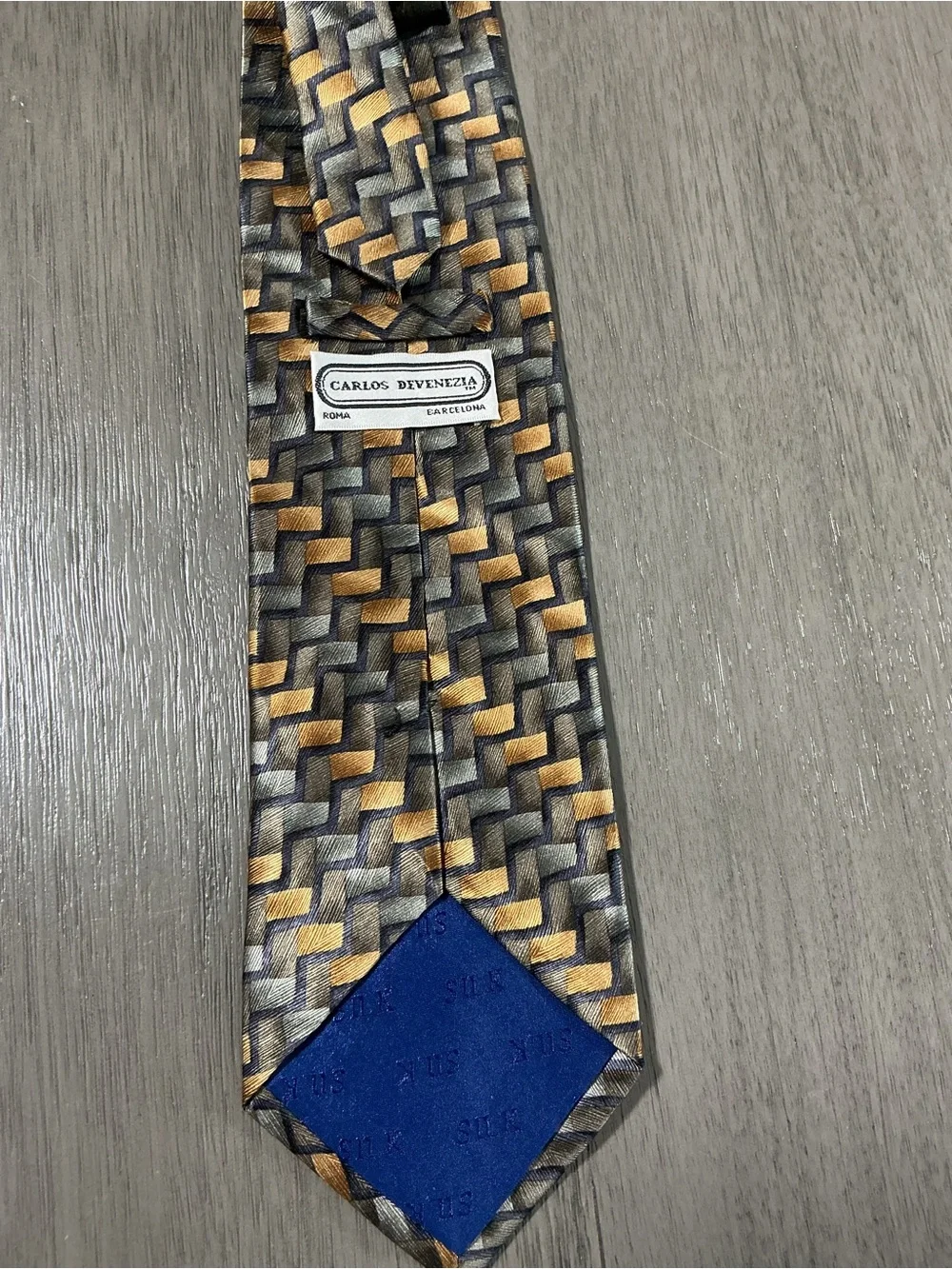 VTG Carlos Devenezia Geometric Basketweave Silk Tie Brown Gold Gray